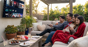 Group of friends lounging on an outdoor sofa under a pergola, watching a wall-mounted TV with snacks and drinks on a table.